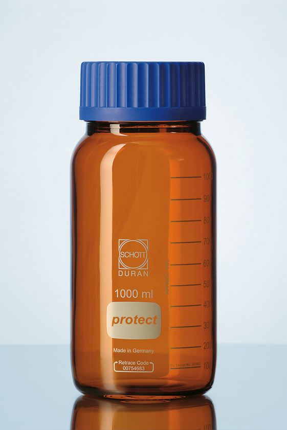 DURAN® GLS 80 Laborglasflasche protect, PU-ummantelt, braun, ohne Verschluss/Ausgießring, 1000 ml