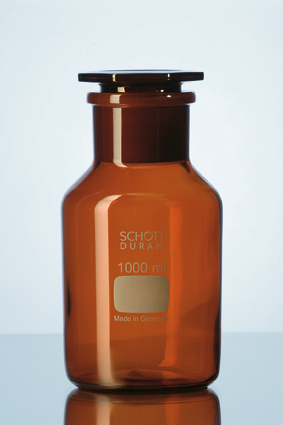 DURAN® Weithals-Standflasche, mit NS 34/35, braun, mit Stopfen, 250 ml