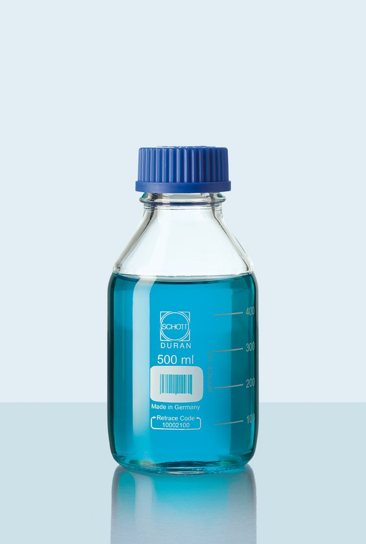 DURAN® Laborflasche, klar, mit Teilung, GL 45, mit Verschluss/Ausgiessring (PP), 500 ml