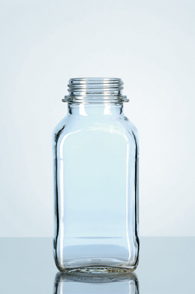 Vierkant-Schraubflasche, weithals, klar, 1000 ml, ohne Kappe/Ausgießring, Kalk-Soda-Glas