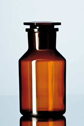 Weithals-Standflasche, Kalk-Soda-Glas, braun, NS 60/46, mit Stopfen, 1000 ml