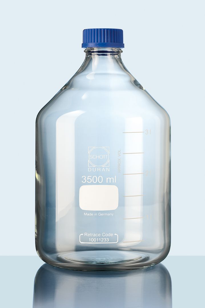 DURAN® Laborflasche, klar, mit Teilung, GL 45, mit Kappe und Ausgießring (PP), 3 500 ml