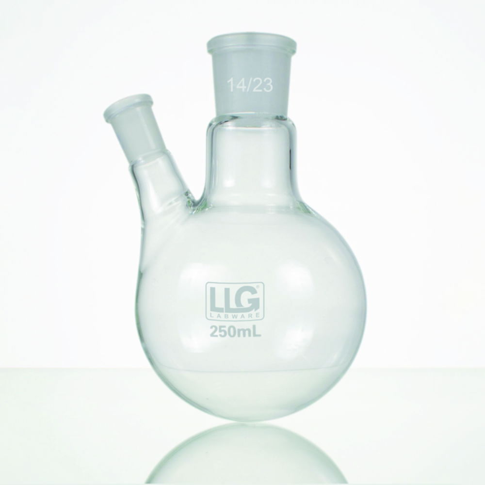 LLG-Two-neck round bottom flasks with standard ground joint, borosilicate glass 3.3, angled side neck LLG-Two-neck round bottom flasks with standard ground joint, borosilicate glass 3.3, angled side neck
