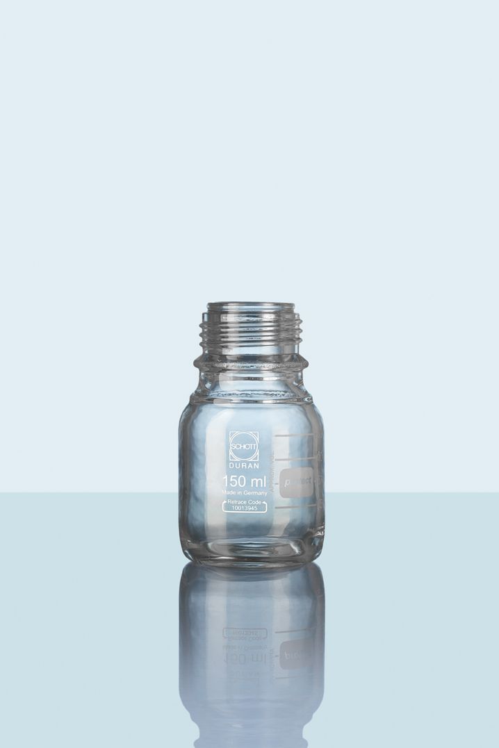 DURAN® GL 45 Laborglasflasche, protect, PU-ummantelt, ohne Verschluss/Ausgießring, 150 ml