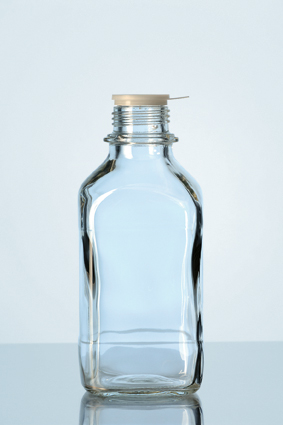 Vierkant-Schraubflasche, enghals, klar, 100 ml, ohne Kappe/Ausgießring, Kalk-Soda-Glas