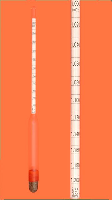 Dichte-Aräometer, 0,600-0,800:0,002g/cm³, Bezugstemp. 20°C, 280mm lang, ohne Thermometer
