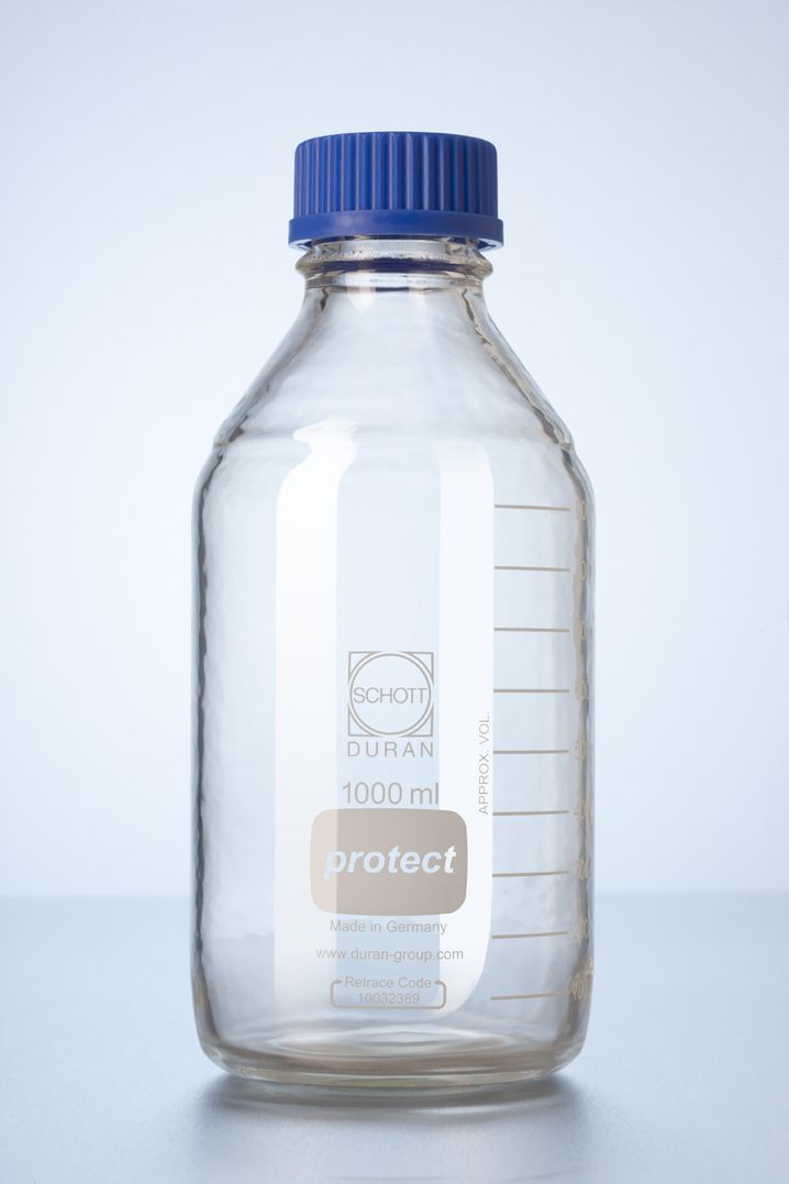 DURAN® GL 45 Laborglasflasche, protect, PU-ummantelt, mit Verschluss/Ausgießring (PP), 5000 ml