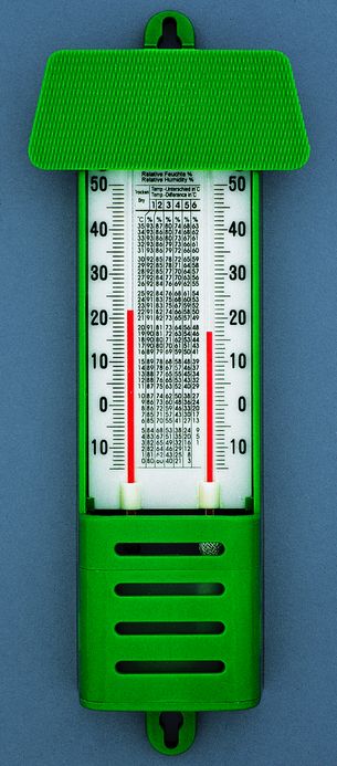 Innen-Außen-Psychrometer, grünes Kunststoffgehäuse mit Dach, ca.300x110x33mm, 2 Therm. nass-trocken, -10+50:1°C