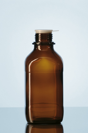 Vierkant-Schraubflasche, enghals, braun, 500 ml, mit Kappe/Ausgießring, Kalk-Soda-Glas