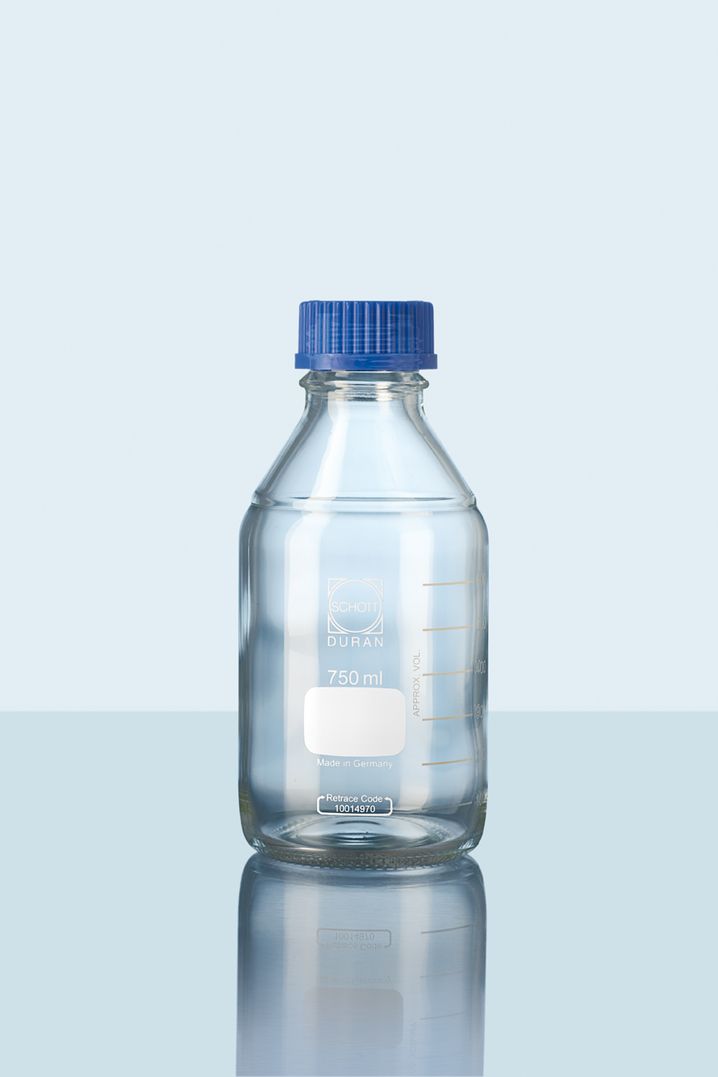 DURAN® Laborflasche, klar, mit Teilung, GL 45, mit Kappe und Ausgießring (PP), 750 ml