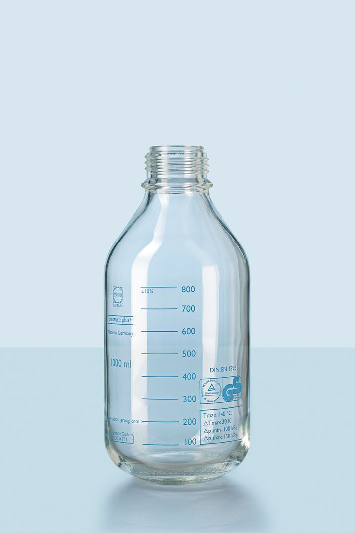 DURAN® GL 45 Laborglasflasche, pressure plus, druckfest, klar, protect, kunststoffummantelt, 500 ml