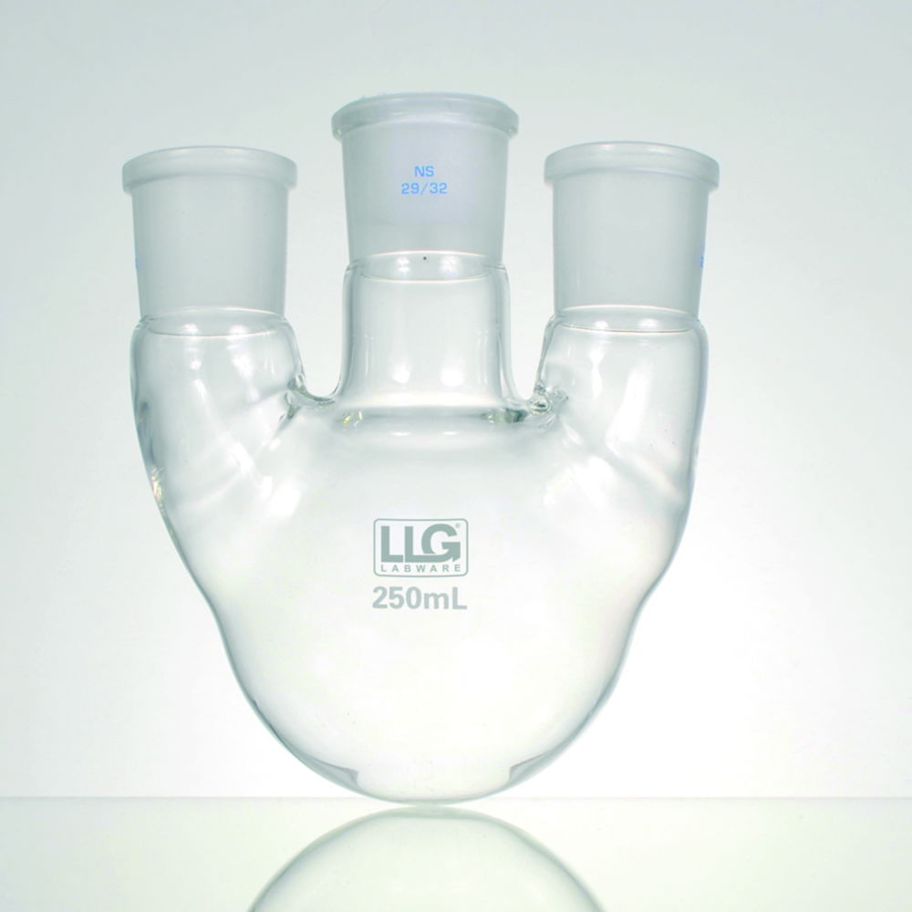 LLG-Three-neck round bottom flasks with standard ground joint, borosilicate glass 3.3, parallel side necks LLG-Three-neck round bottom flasks with standard ground joint, borosilicate glass 3.3, parallel side necks