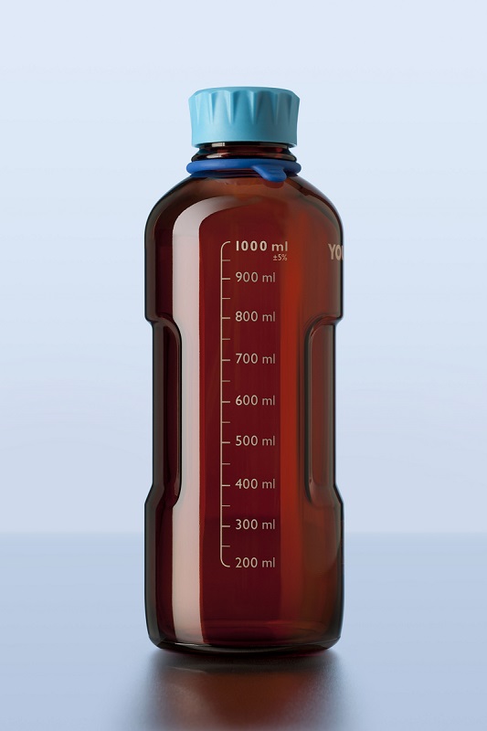 DURAN® YOUTILITY Flasche, braun, mit Graduierung, GL 45, mit cyanfarbigem Verschluss/Ausgießring (PP), 1000 ml