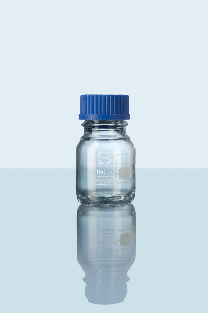 DURAN® Laborflasche, klar, mit Teilung, GL 45, mit Kappe und Ausgießring (PP), 150 ml
